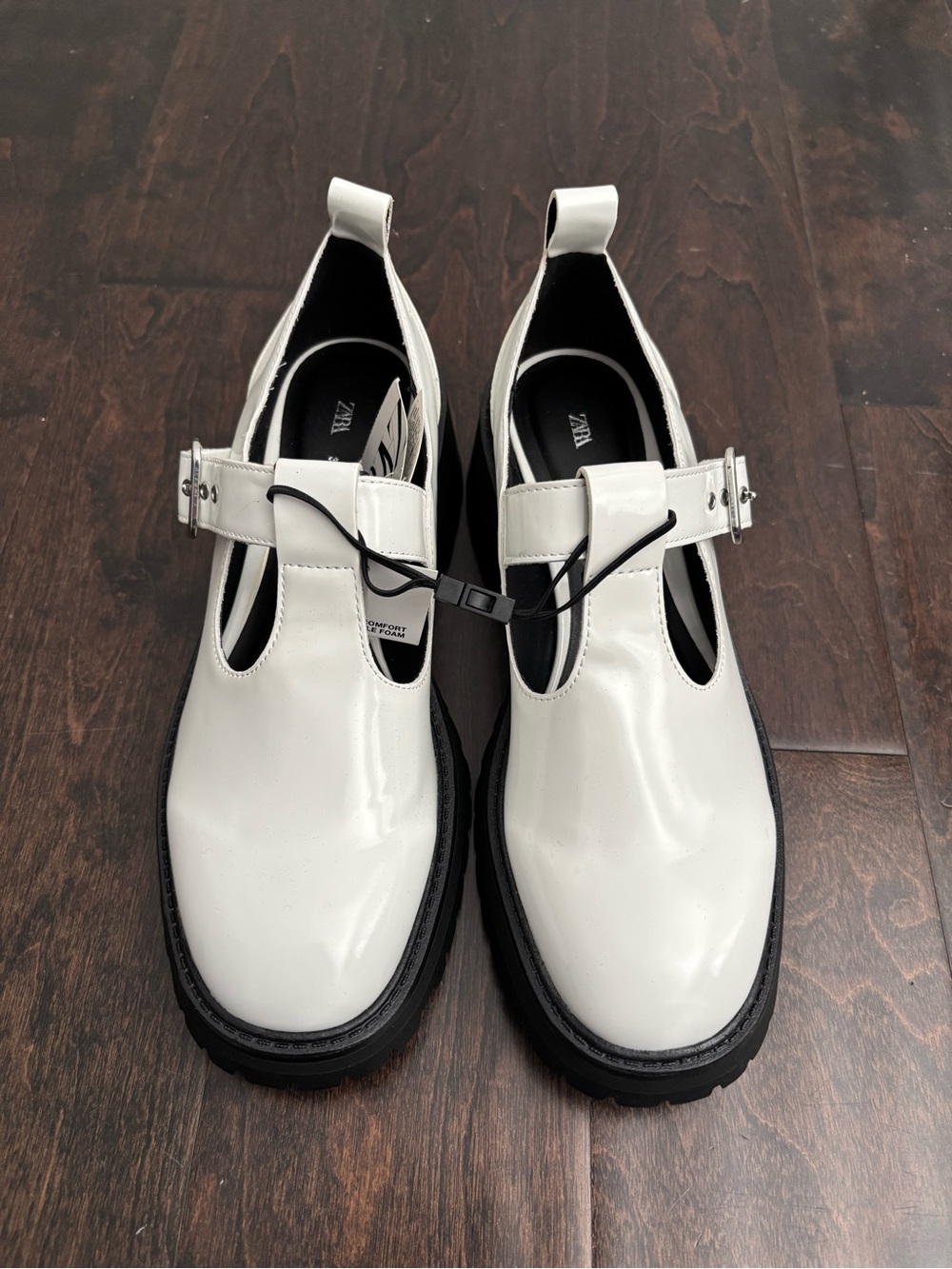 Zara White Patent T-Strap Platform Clogs